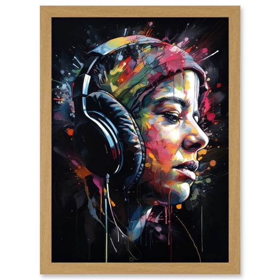 Lost in Melody Listening to Music Through Headphones Modern Acrylic Splat Paint Colour Painting Artwork Framed Wall Art Print A4
