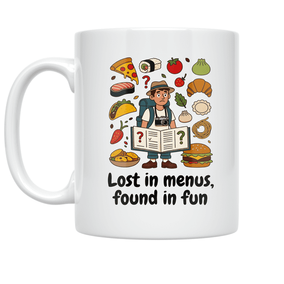 Lost in Menus Found in Fun - Travel Enthusiast - 11 oz Ceramic Coffee Mug