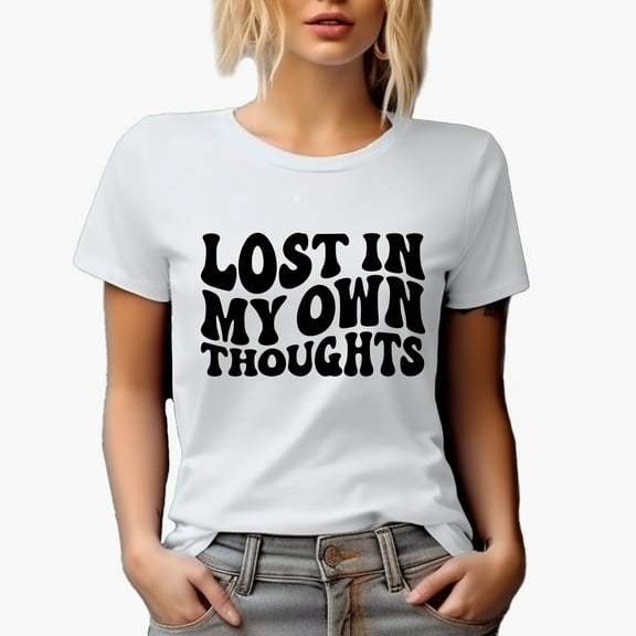 Lost in My Own Thoughts Quote, Groovy Retro Wavy Text Merch Gift, White T-Shirt, Large