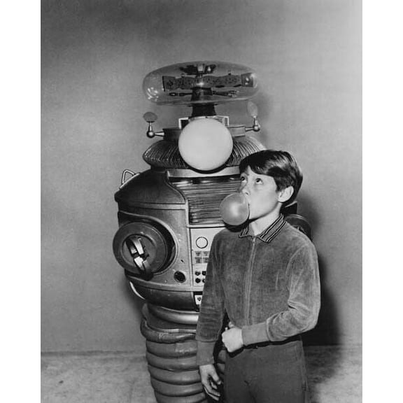 Lost in Space TV series cute scene of Will & Robot blowing bubble gum poster
