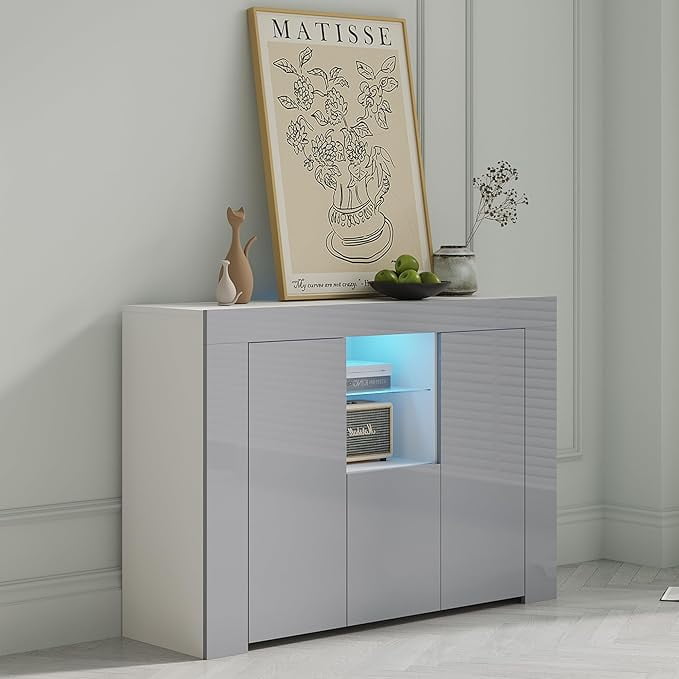 Lostcat 46 Inch Sideboard with Drawer Modern Storage Cabinet with 2 Doors and Open Shelf High Gloss Buffet Cabinet for Hallway Living Room and Dining Room White Grey Walmart