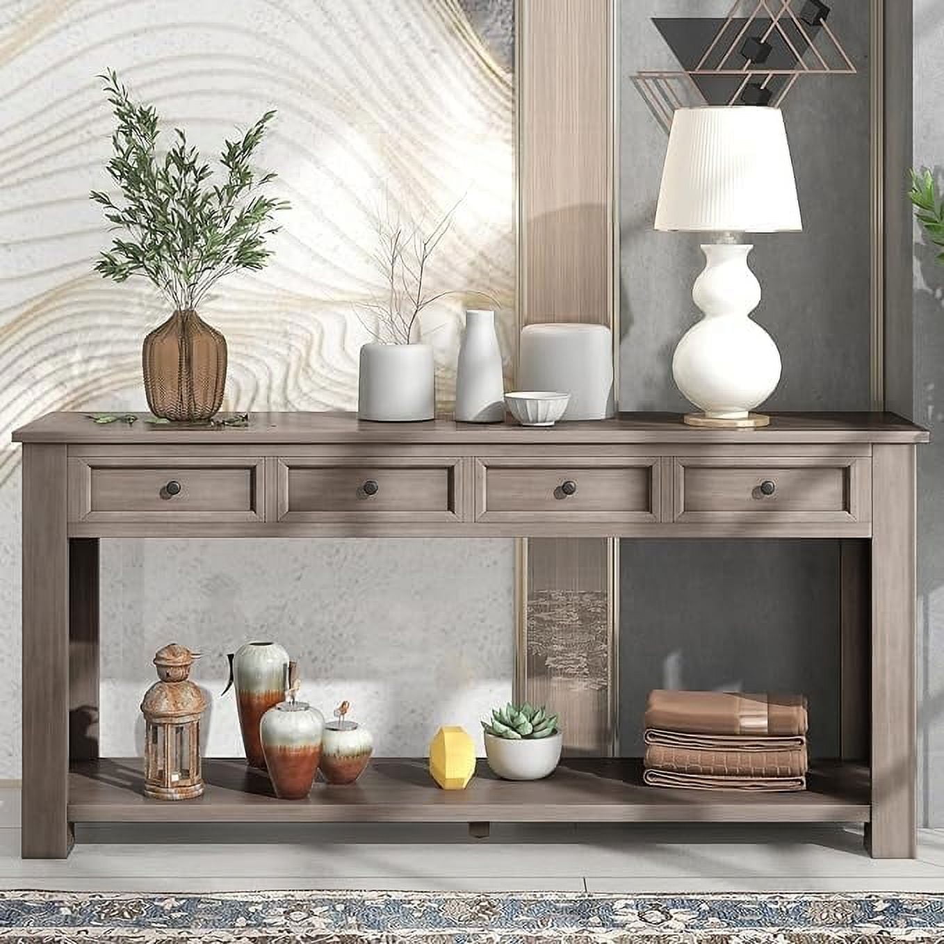 63 Inch Vintage Console Table, Narrow Entryway Table with Open Shelf for Living Room, Light Brown main image 0