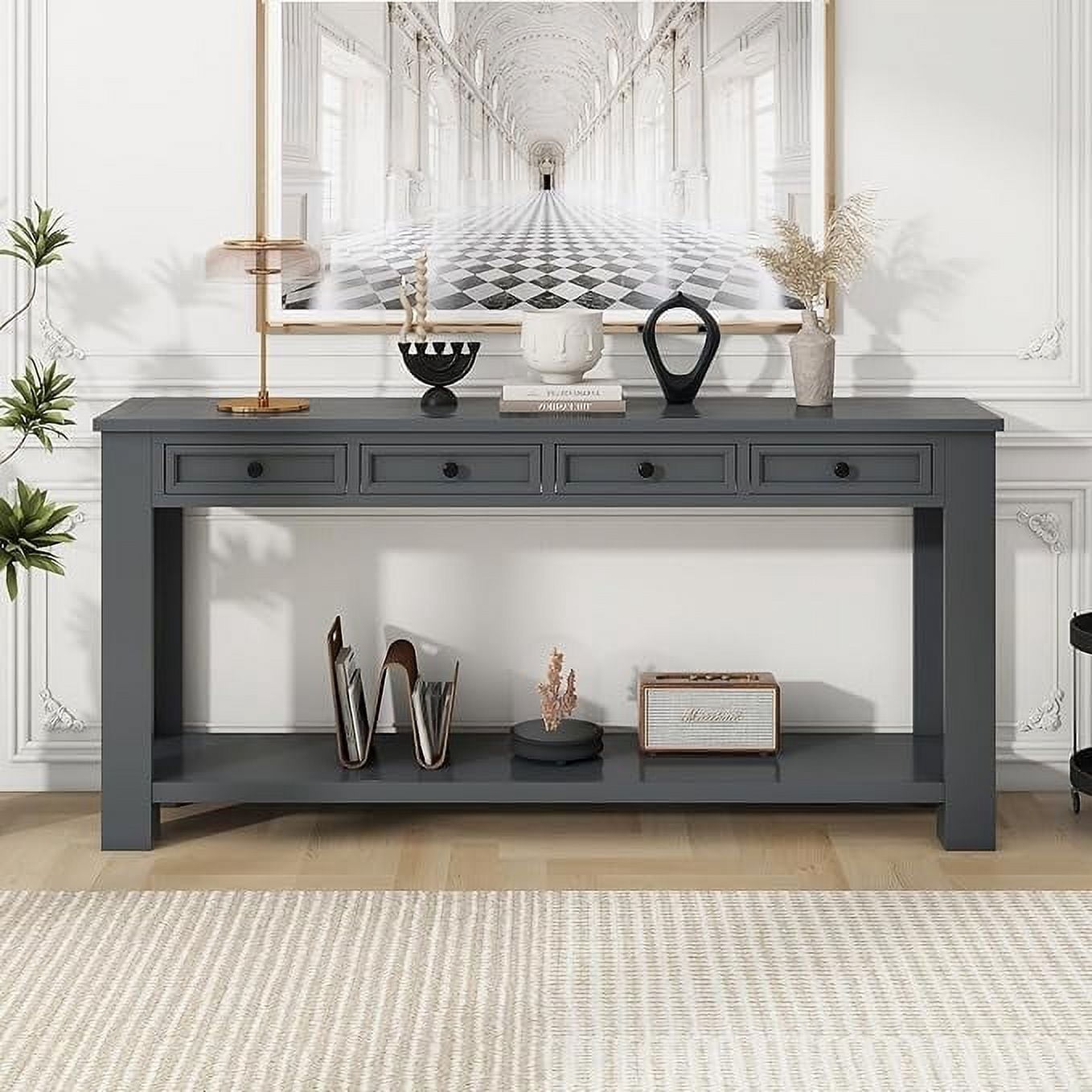 63 Inch Vintage Console Table, Narrow Entryway Table with Open Shelf for Living Room, Light Brown main image 1