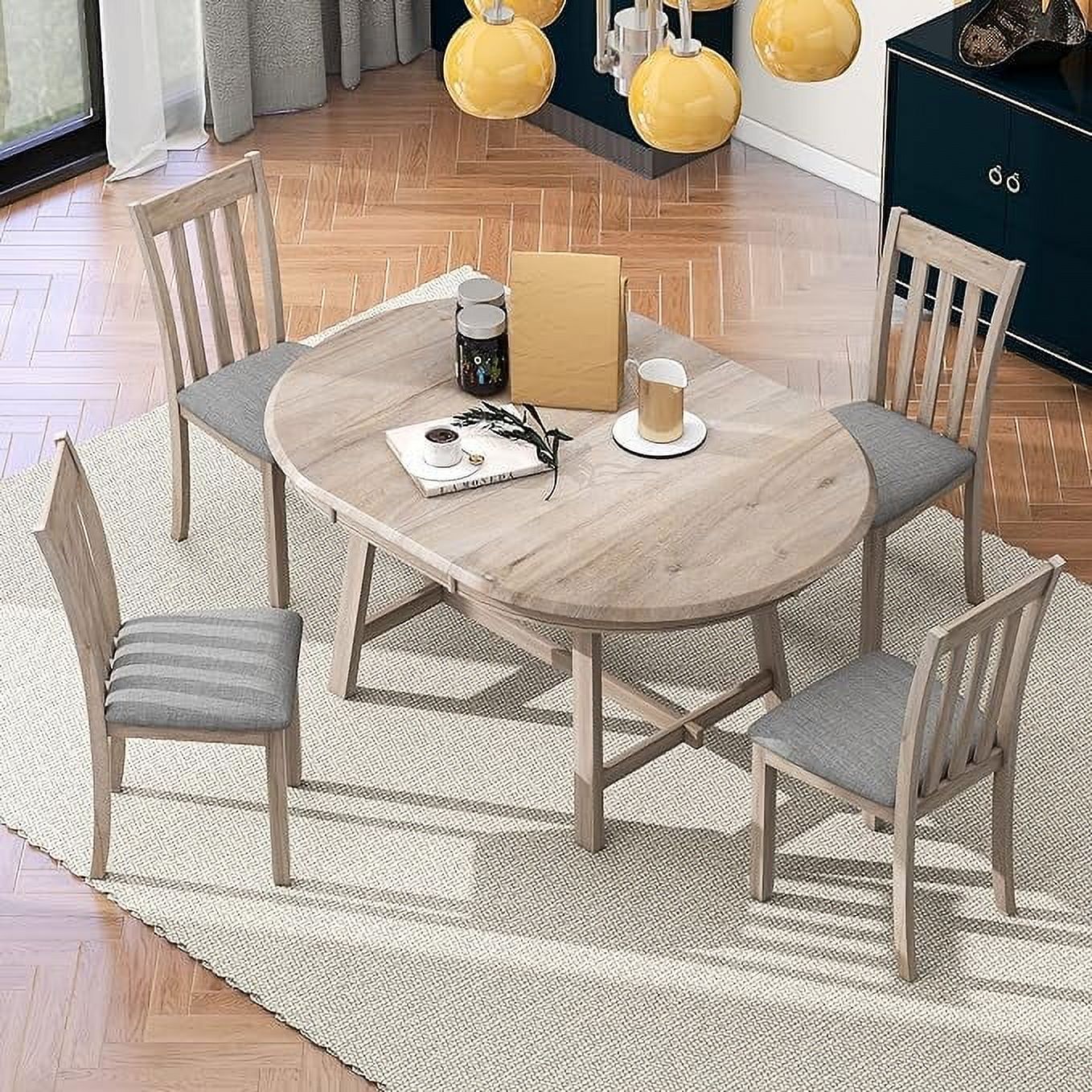 Lostcat Dining Table Set for 4, 5-Piece Wood Round to Oval