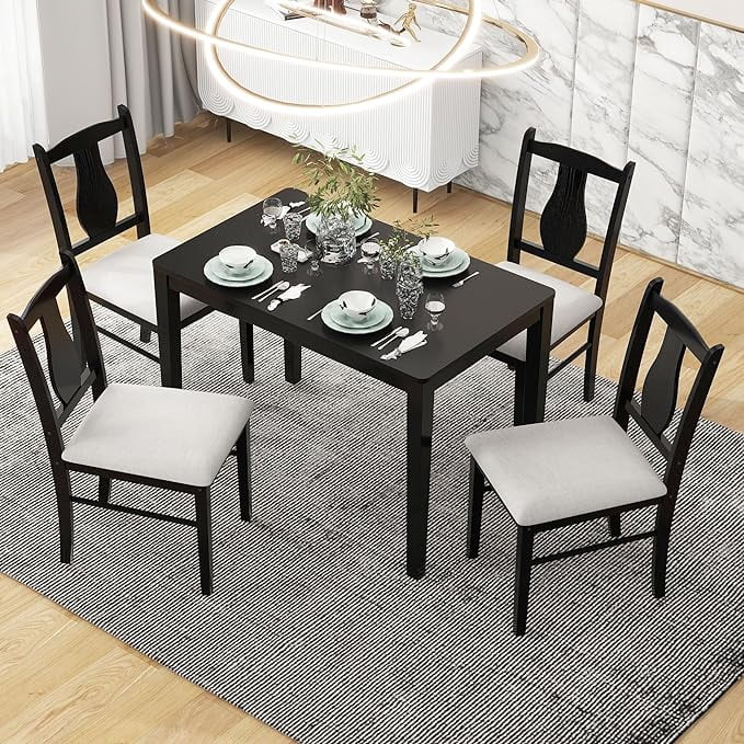 AWQM 5-Piece Dining Set For 4 - Glass Top Table & 4 PU Leather Chairs, Black, Space-Saving For Apartments - View #8