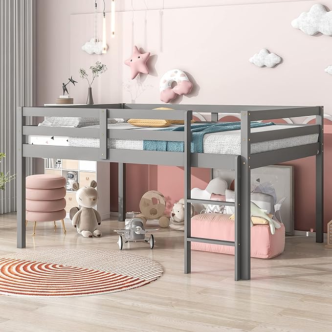 Lostcat Full Size Low Loft Bed, Full Loft Bed Frame for Kids, Wood Loft