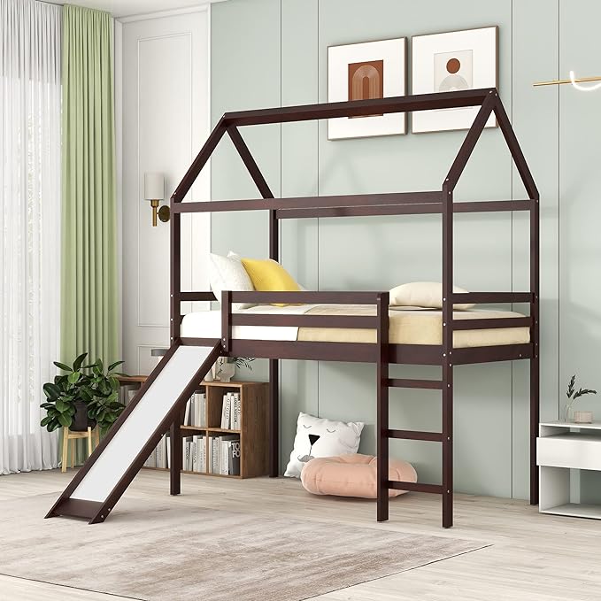 Lostcat Twin Size Loft Bed with Slide, House Shaped Solid Pine Wood Bed ...