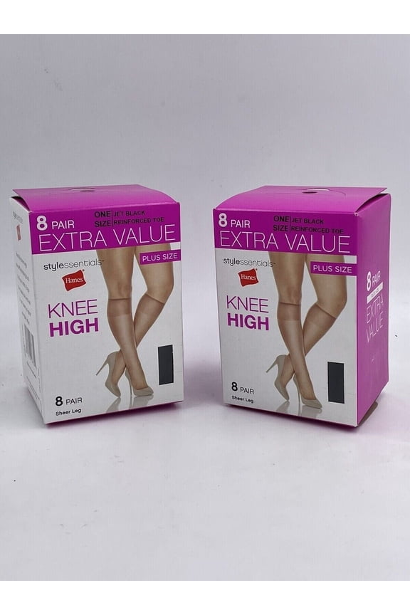 Lot 2 Boxes 16 Pairs  Hanes Style Essentials Plus-size Knee Highs Jet Black