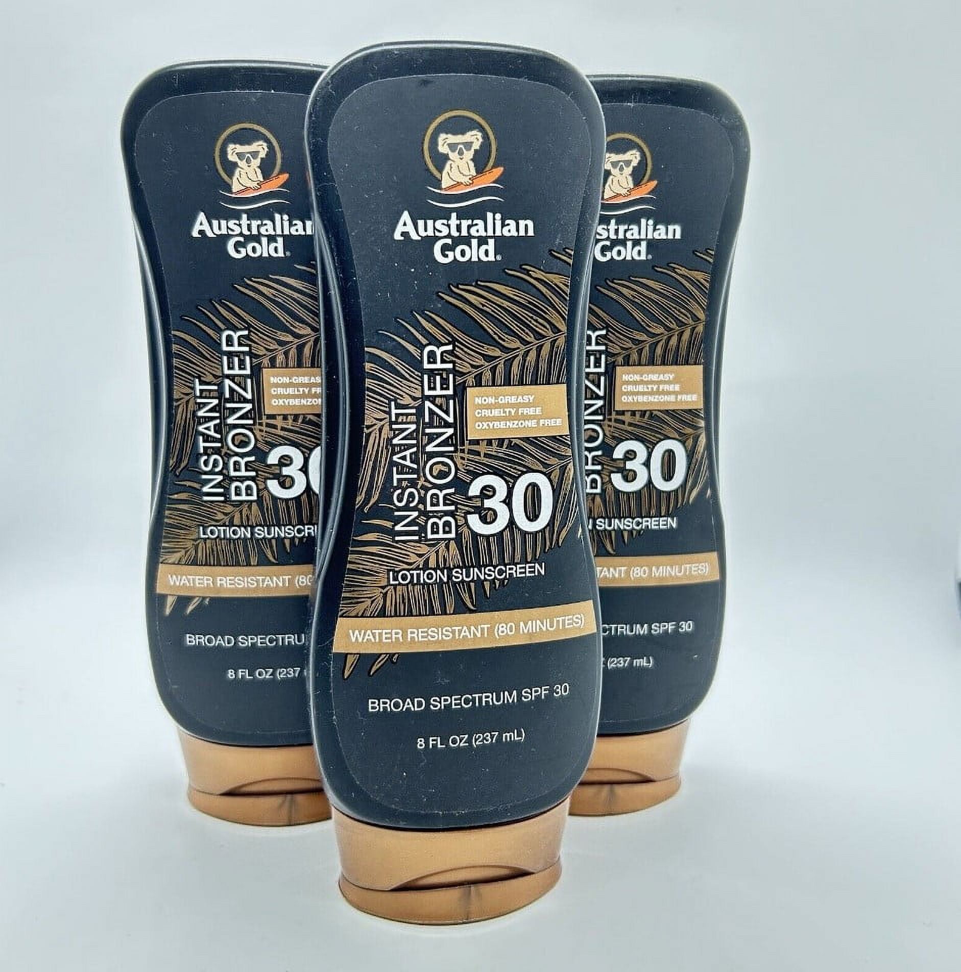 Lot of 3 Australian Gold Sunscreen Lotion with Instant Bronzer, Broad Spectrum, Water Resistant