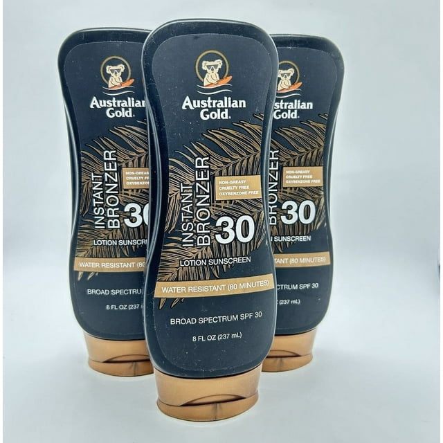 Lot of 3 Australian Gold Sunscreen Lotion with Instant Bronzer, Broad Spectrum, Water Resistant