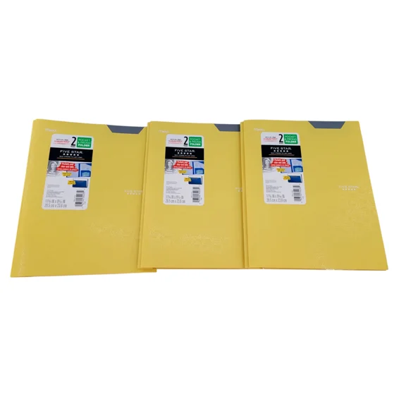 Lot 3 Five Star 2 Pocket Folder & Prong Fasteners, Stay-Put Folders, Yellow New