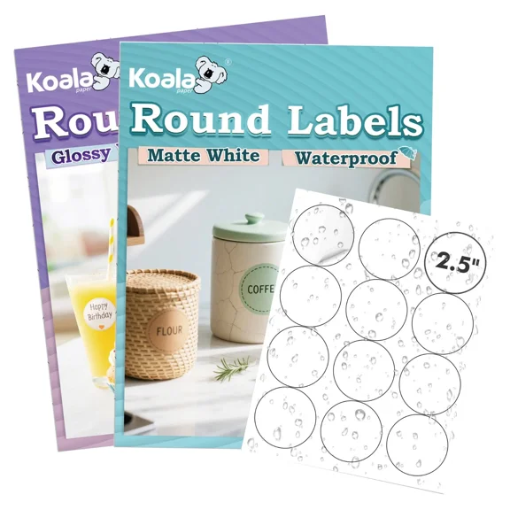 Koala Round Labels 2.5 Inch, 480 Ct, Glossy + Matte Waterproof Printable Circle Stickers for Inkjet and Laser Printer, Circle Labels for Brand Logo, Bottle, Jar