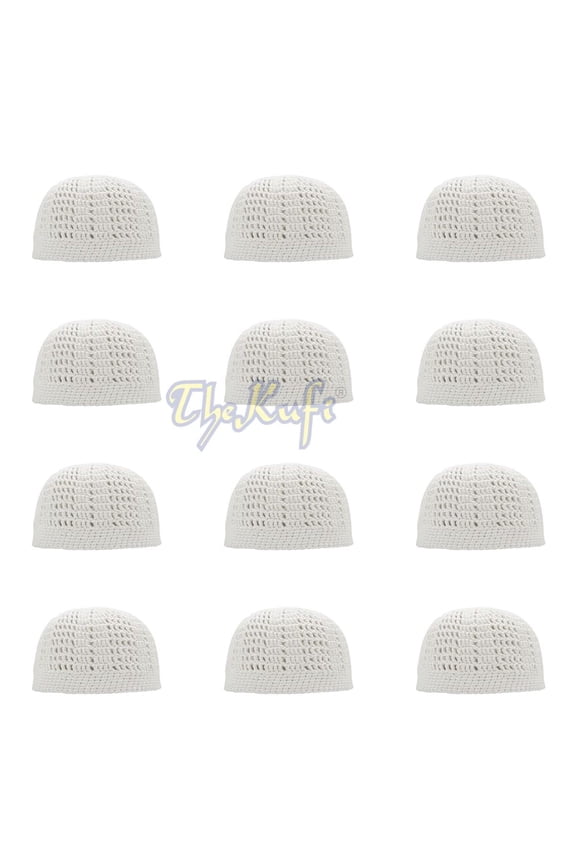 Lot Of 12 White Kufi Tight & Loose Weave Design Crochet Knit Cap (S-22"(56cm), 70.79, Male, Adult, White)