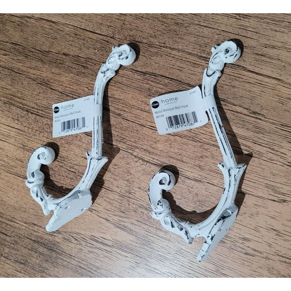 Lot Of 2 Dritz Home White Distressed Metal Baroque Wall Hooks New Free Shipping!