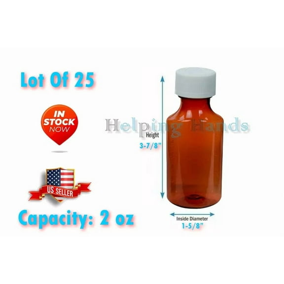 Lot Of 25 Amber PET Oval Liquid Bottle with 24/400 White (Child Lock Cap) 2 oz