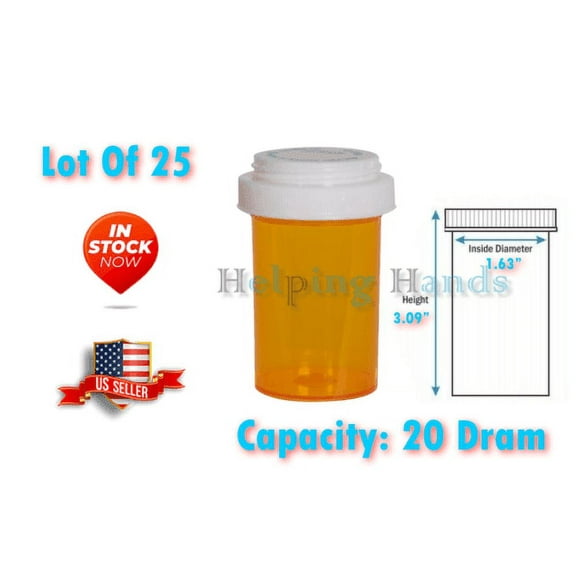 Lot Of 25 Prescription Vials & Reversible Caps (Child & Non-Child Locks) 20 Dram Unbranded 20 Dram Vials