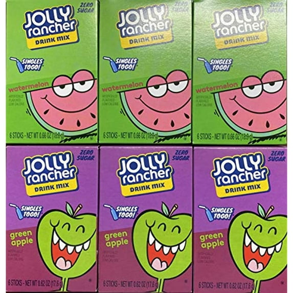 Lot Of 6 (6-Ct.) Boxes Mixed Variety Jolly Rancher ~ 3 Green Apple & 3 Watermelon. ~Singles To Go! Sugar Free Drink Mix.