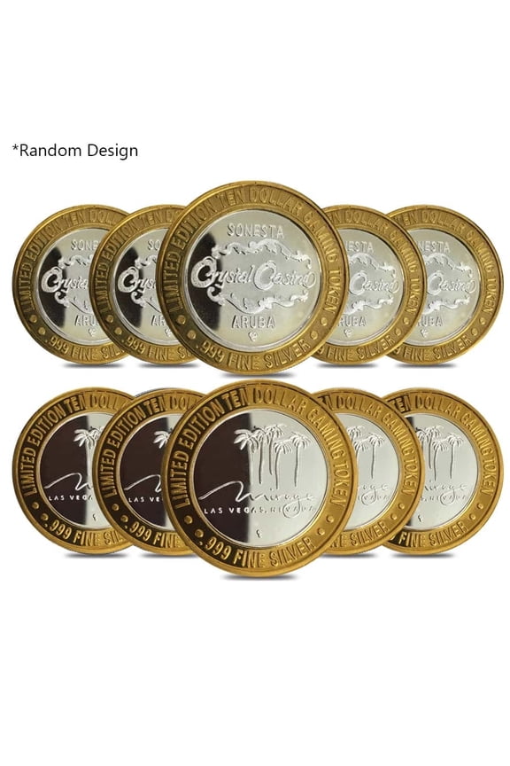 Lot of 10 - 0.6 oz $10 Gaming Token .999 Fine Silver (Random Design)