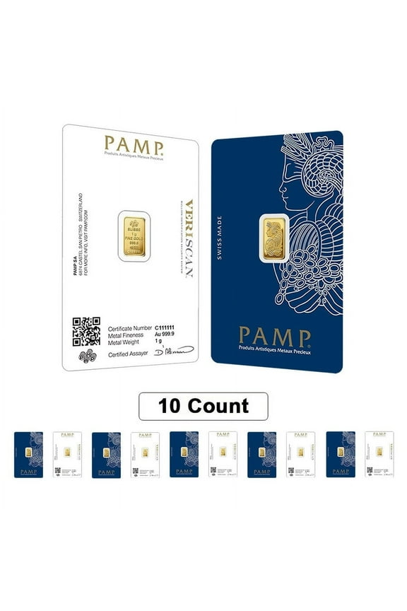 Lot of 10 - 1 Gram Gold Bar PAMP Suisse Lady Fortuna Veriscan .9999 Fine (in Assay)