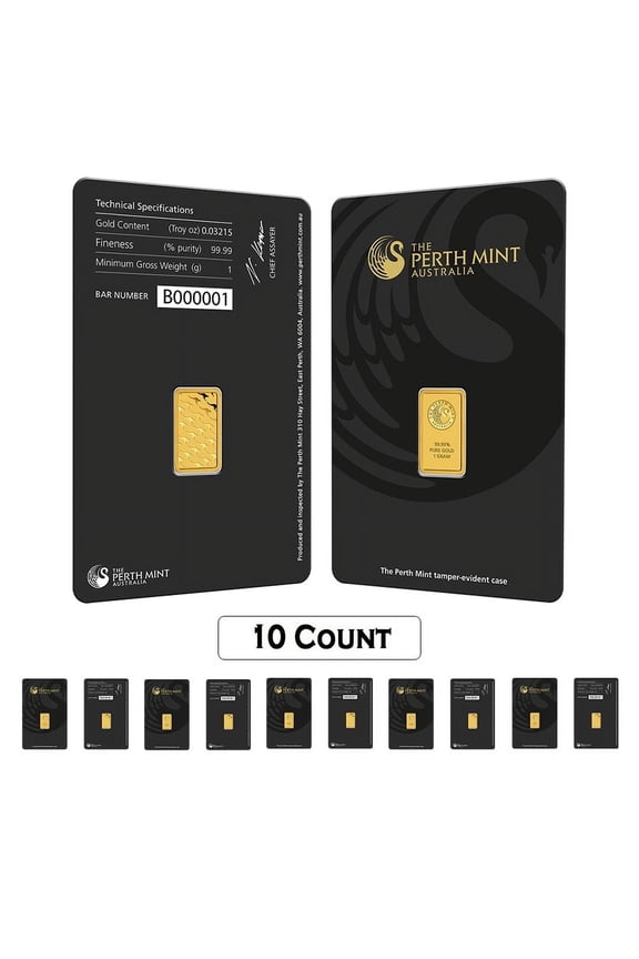 Lot of 10 - 1 Gram Perth Mint Gold Bar .9999 Fine (in Assay)