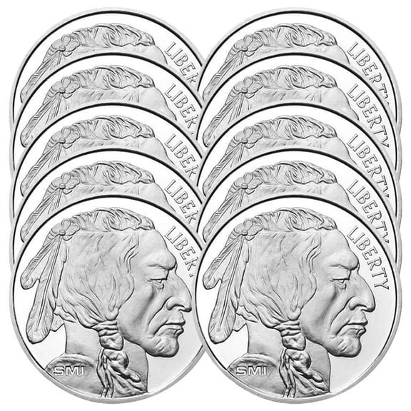 Lot of 10 - 1 Troy oz Sunshine Mint Buffalo .999 Silver Round Mint Mark SI