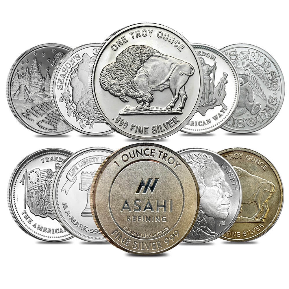 Bullion Silver Coins, Lot of 10, 1 oz Silver Generic Rounds .999