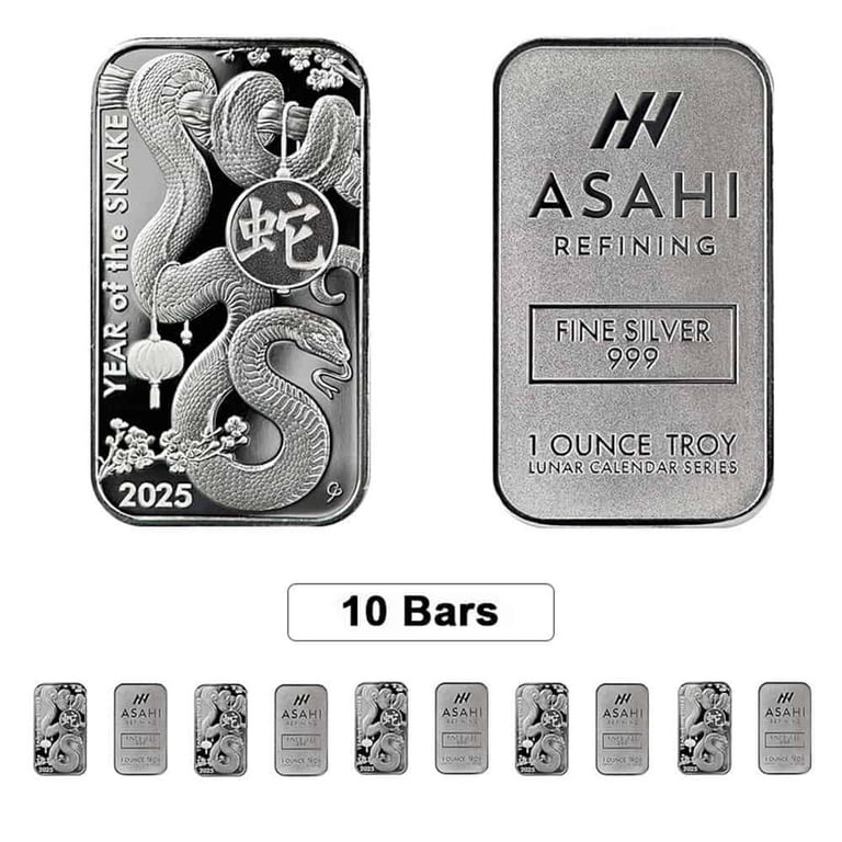 Lot of 10 - 2025 1 oz Asahi Lunar Snake Silver Bar .999 Fine
