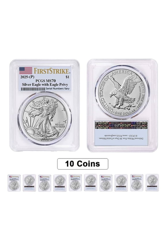 Lot of 10 - 2025 Eagle Privy 1 oz Silver American Eagle PCGS MS 70 FS (Flag)