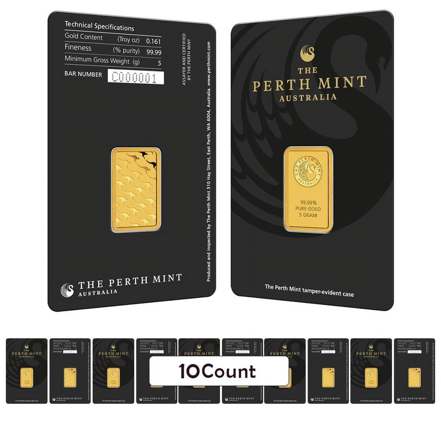 Lot of 10 - 5 Gram Perth Mint Gold Bar .9999 Fine (in Assay)