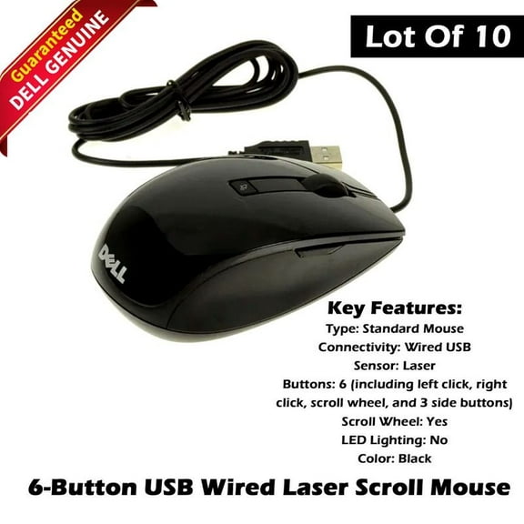 Lot of 10 Dell Premium 6-Button USB Black Laser Scroll Mouse - V7623