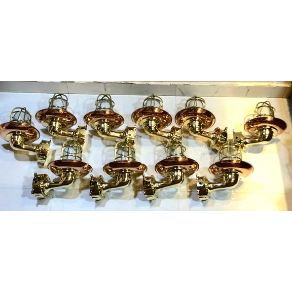 Lot of 10 Nautical Bulkhead Passageway Brass Wall Lights with Copper Shade & Junction Box