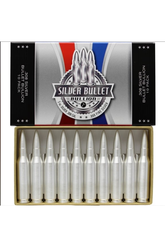Lot of 10 - SilverTowne Mint - 2 oz Silver Bullet .308 Caliber Replica Bullion