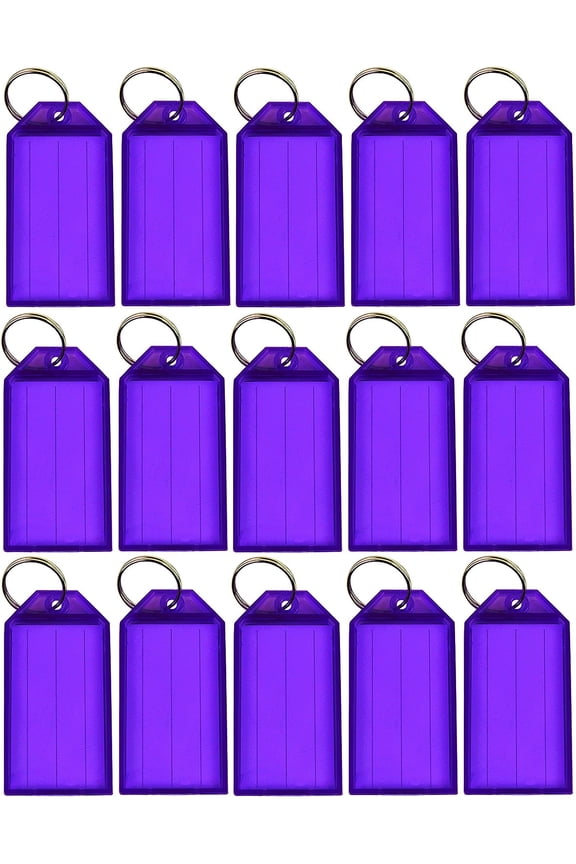 Lot of 100 Key ID Labels Tags Split Key Ring Key Chain Name Tag Click-It Clear Colors By (Purple)
