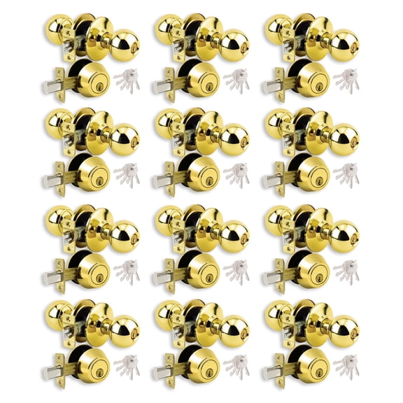 Lot of 12 Brass Finish Grade 3 Combo Lock Set with Entry Door Knob and Deadbolt With 72 KW1 Keys - Boxed Keyed Alike