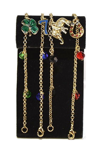Designer Fashion Gold-Tone Red Swarovski Crystal/Clear Glass Charm Bracelet  (Length=7.25) (Width=10.8) Made In United States 