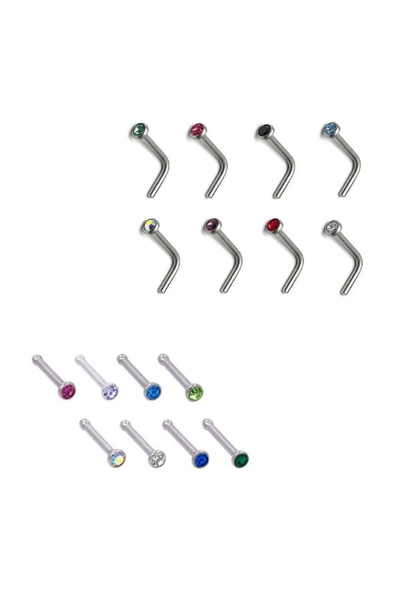 Lot of 16 Nose ring L shape & straight Bone with jewel 18G variety of colors