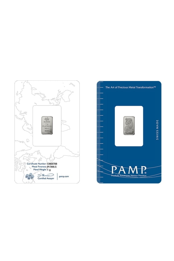 Lot of 2 - 1 Gram PAMP Suisse Lady Fortuna Platinum Bar .9995 Fine (in Assay)