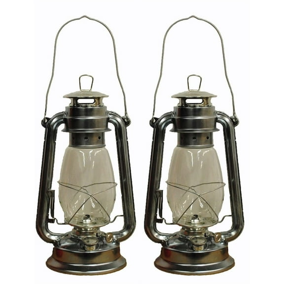 Lot of 2 - 12 Inch Silver Hurricane Kerosene Lantern Light Table Decorative Lamp