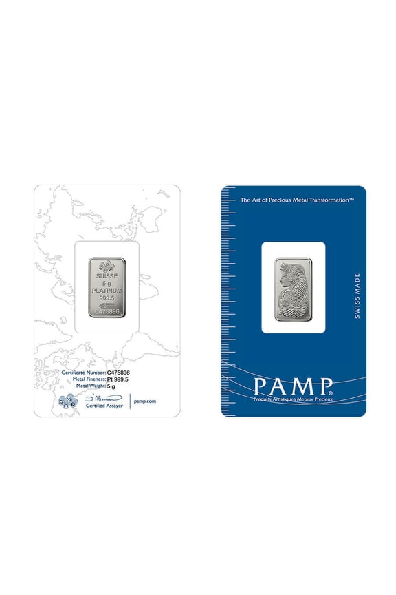 Lot of 2 - 5 Gram PAMP Suisse Lady Fortuna Platinum Bar .9995 Fine (in Assay)