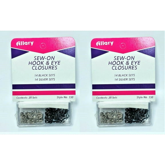 Lot of 2 Allary Sew-on Hook and Eye Closures Silver and Black Sets, 58 sets