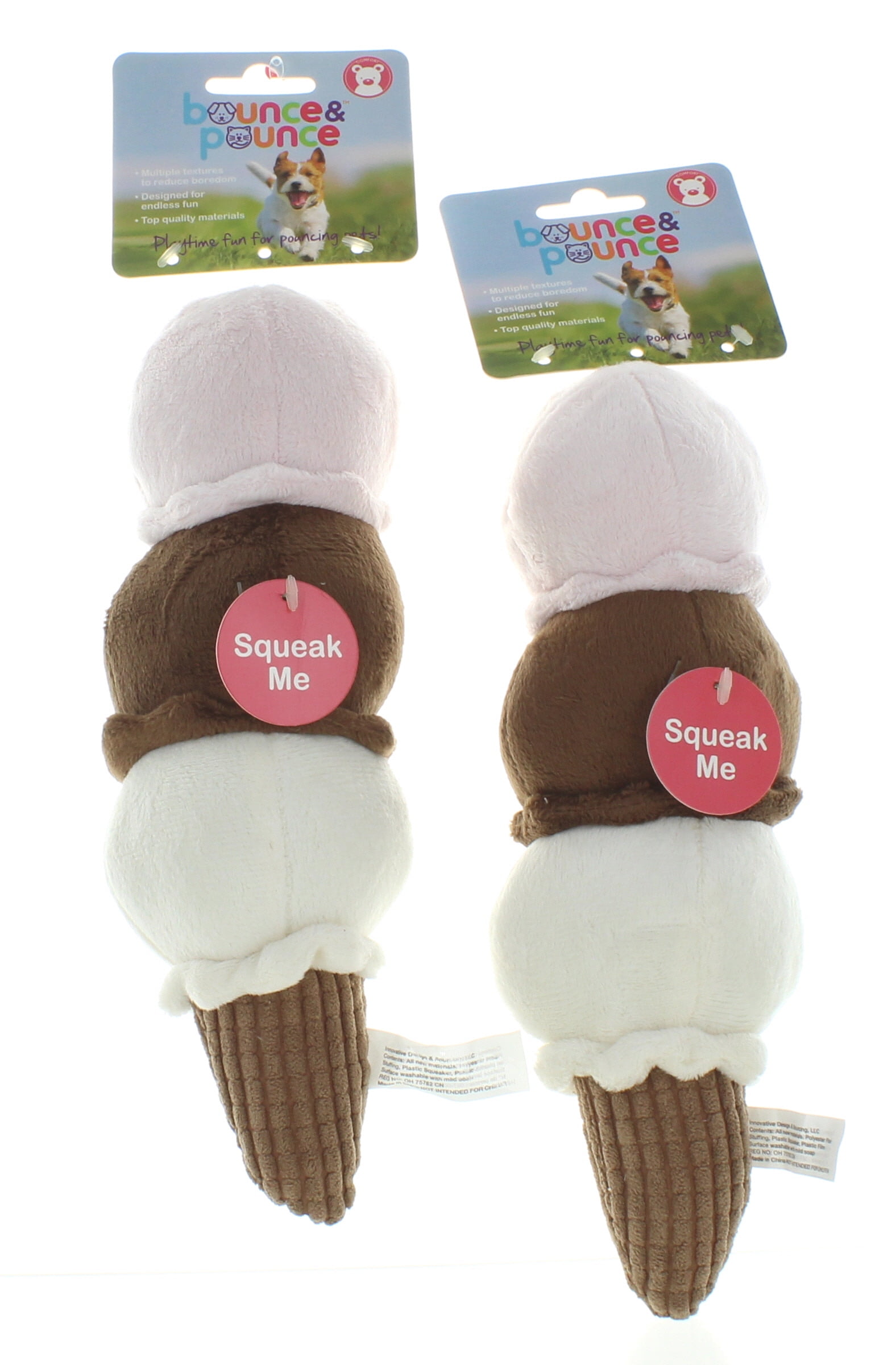 Lot of 2 Bounce and Pounce Plush Ice Cream Cone Squeaker Dog Toys