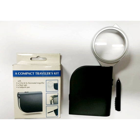 Lot of 2 Compact Traveler's Kit - Magnifier, Flash Light and Ballpoint Pen