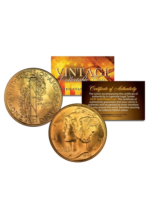 Lot of 2 MERCURY Winged Liberty SILVER Dimes Genuine U.S. Coins 24K Gold Plated with Capsules