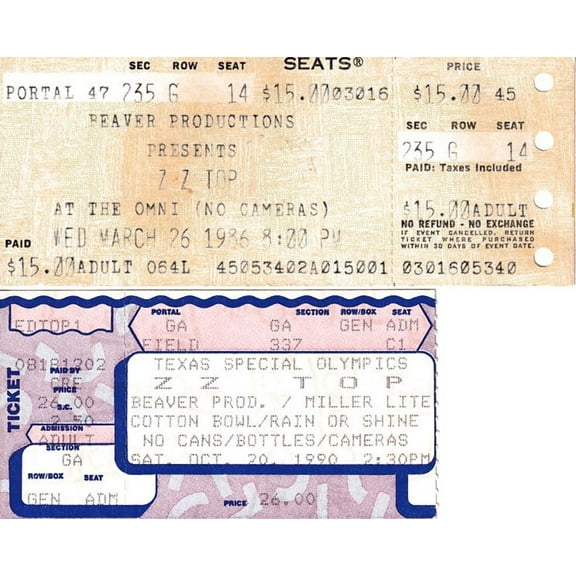 Lot of 2 vintage ZZ Top 1986 and 1990 concert ticket stubs