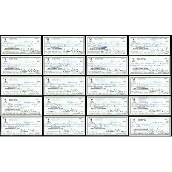 Lot of 20 Willie McCovey Autographed 3x6 Checks San Francisco Giants SKU #219429