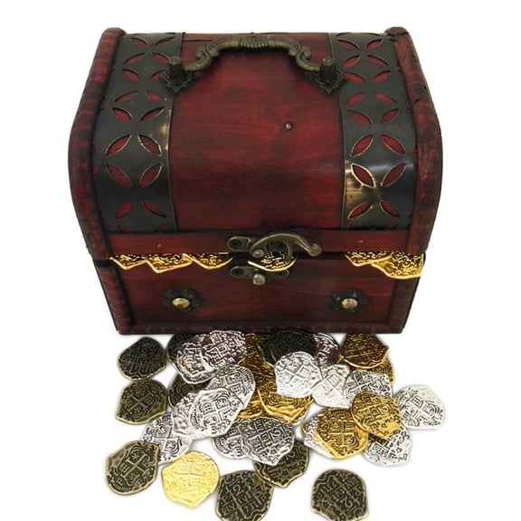 Seven Seas Pirates Lot of 200 Toy Metal Mixed Pirate Coins with Treasure Chest
