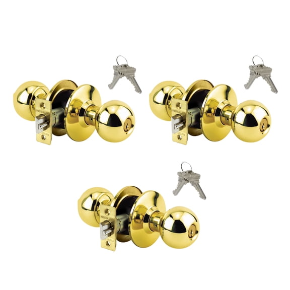 Lot of 3 Brass Finish Grade 3 Keyed Entry Door Knob With 6 SC1 Keys - Boxed Keyed Alike