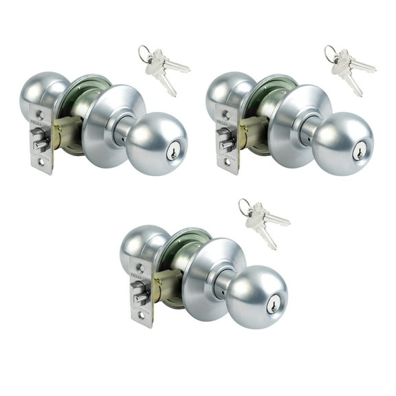 Lot of 3 Stainless Steel Grade 3 Keyed Entry Door Knob With 6 SC1 Keys - Boxed Keyed Alike