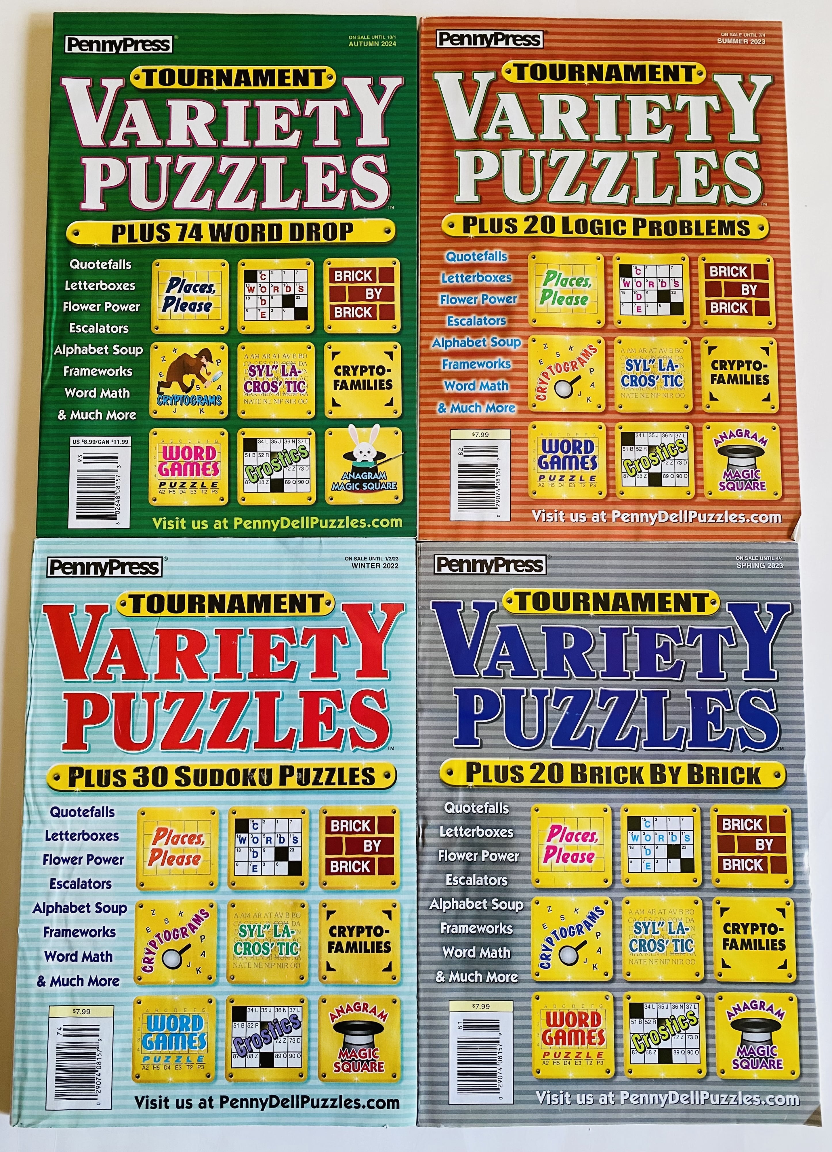 Lot of 4 Penny Press Tournament Variety Puzzles Winter 2022, Spring and Summer 2023, Autumn 2024