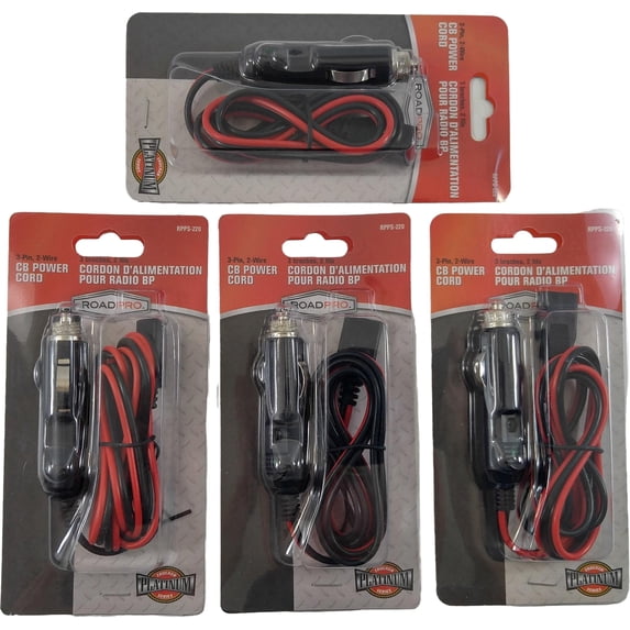 Lot of 4 RoadPro RPPS-220 3-Pin CB Radio Replacement Power Cord w/ Lighter Plug